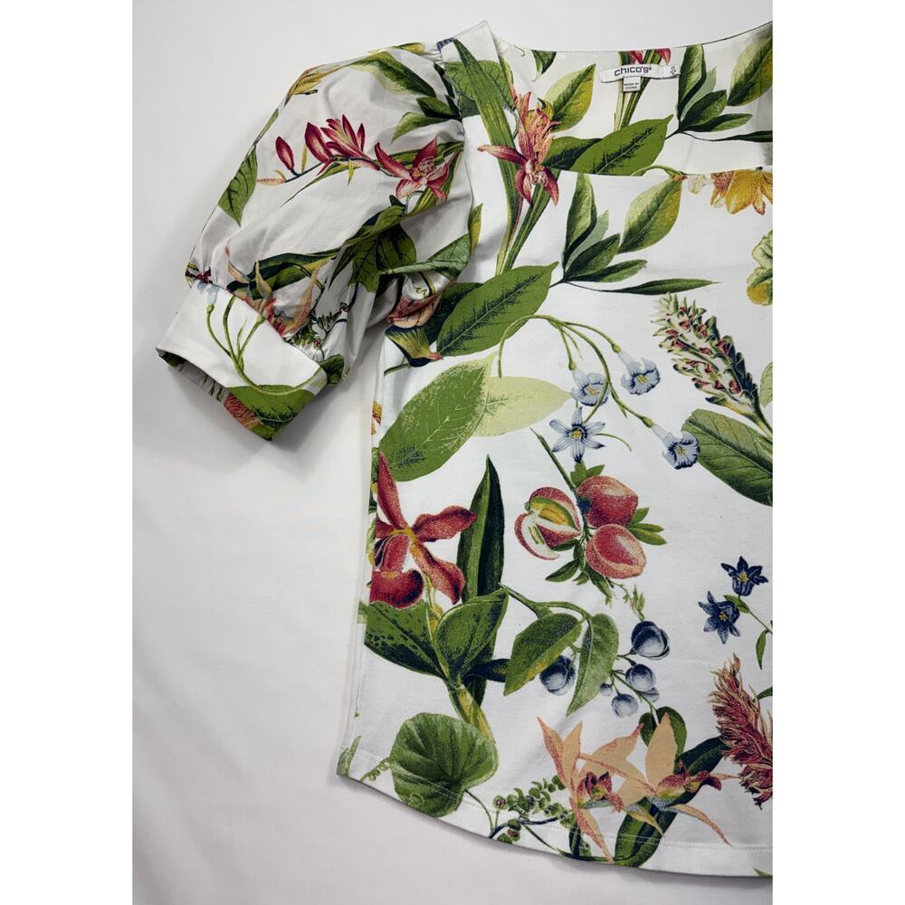 Chico's Floral Tropical Blouse size 0 US M puff sleeve square neck cotton blend - Picture 5 of 10